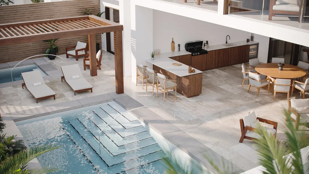 Espacio de hospitalidad con piscina, madera y zonas de descanso